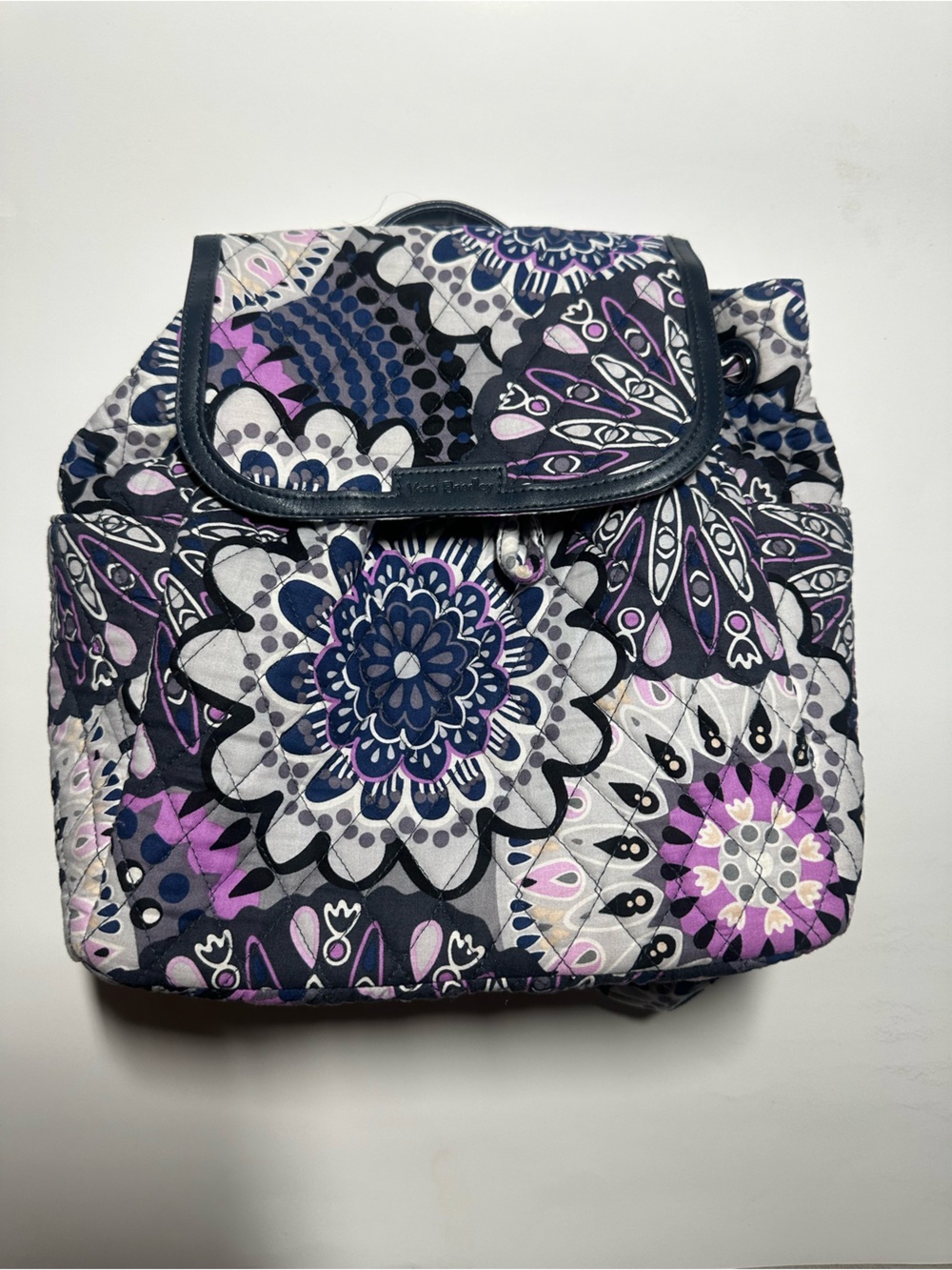Vera Bradley Quilted drawstring  Backpack in Purple, Black, White floral print
